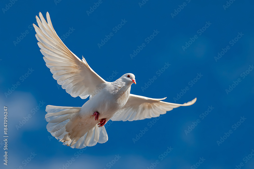 Fototapeta premium A single white dove soars gracefully with wings outstretched against a vibrant, clear blue sky.