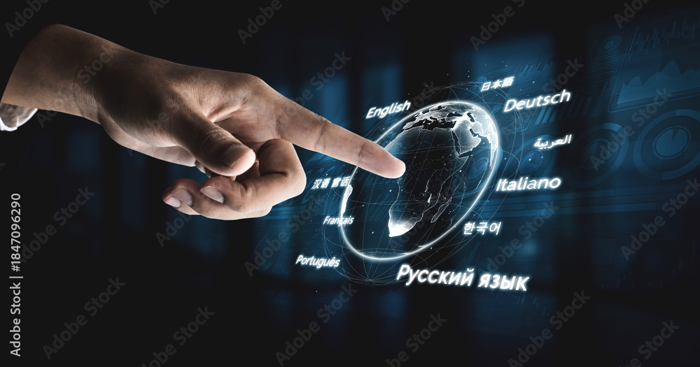 Obraz premium Global communication thrives through multilingual tools, cross-cultural messaging, and digital platforms for worldwide language exchange. Vouch