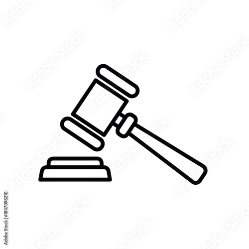Minimalist black outline vector icon of a gavel, symbolizing law, justice, court decisions and legal authority. Isolated on a transparent background