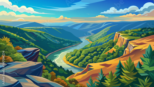 Very beautiful panoramic view from Grandview Overlook in New River Gorge National Park, showcasing dramatic cliffs, winding river, vast forests, and peaceful Appalachian wilderness under clear dayligh