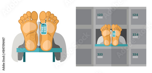 Dead body feet with toe tag The End on morgue table and in morgue sectional cabinetю flat vector illustration.
