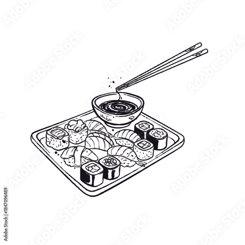 Sushi with chopsticks on a table alongside coffee and money, representing food and business concepts