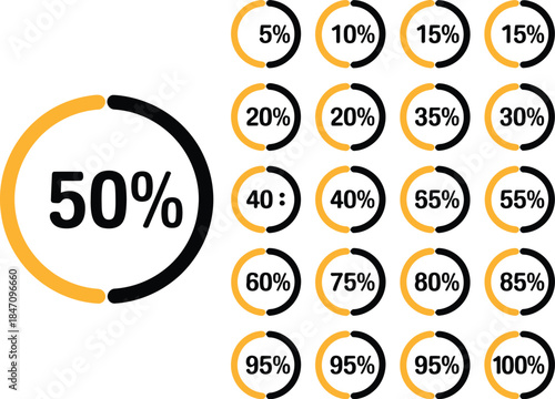 Collection of Flat Circular Percentage Infographic Progress Bar Icons (5% to 100%)