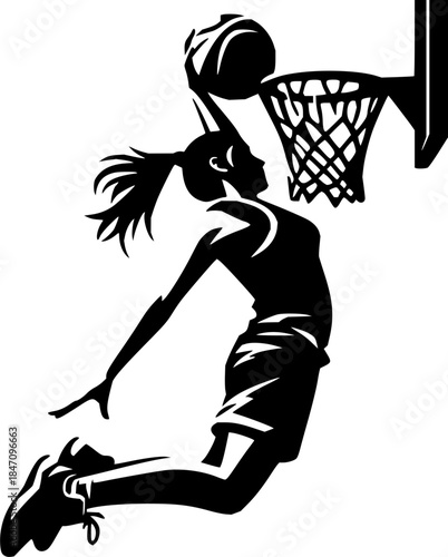 Dynamic silhouette illustration of a female basketball player executing a powerful dunk, showcasing athletic prowess and competitive spirit in a stylized graphic