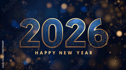 happy new year 2026 dark blue and gold digital graphic background