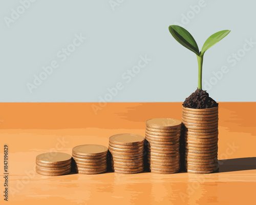 Growing Financial Success: Stacked Coins and Green Seedling