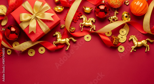 Flat lay with red gift, golden horse figurine, ornament and ribbon on red backdrop, representing festive mood, luck and prosperous New Year