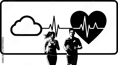 Running man and woman, vector silhouettes. Silhouettes of athletic looking male and female runners running. Concept of health monitoring and storage of medical data in the cloud. Transparent SVG.