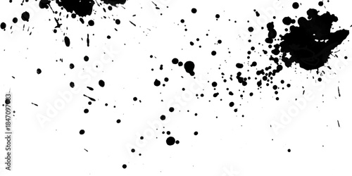 black ink splat background. Grunge spray effect. Grit vector texture. Speckle isolated stain.