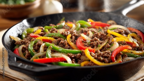 Sizzling ground beef, bell peppers, and onions cooking in a cast iron skillet