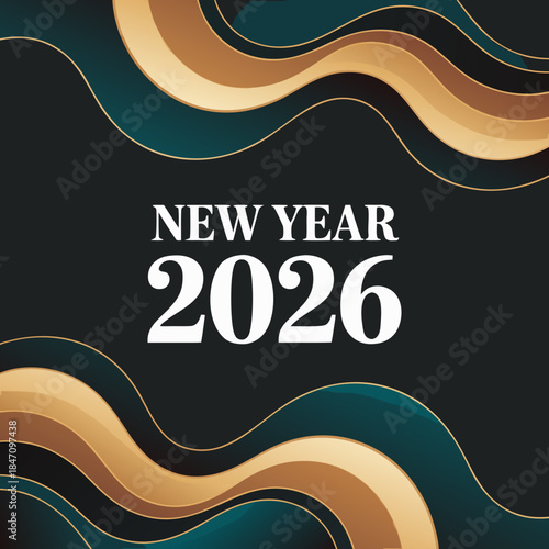 Elegant new year 2026 greeting card with abstract waves
