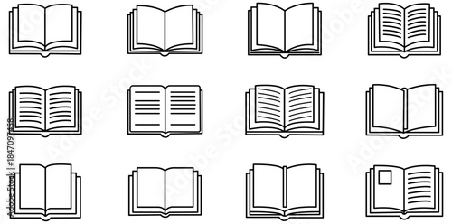 Illustrated Books A collection of meticulously crafted line art illustrations showcasing the timeless allure of open books.