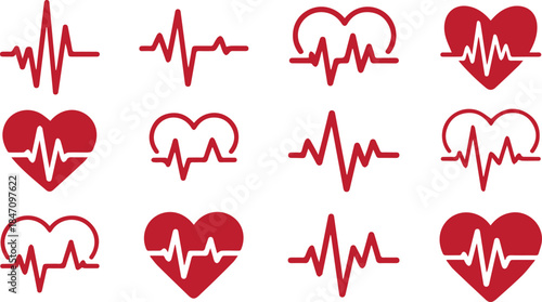 PrintRed heartbeat line collection with heart symbol, cardiology, medical pulse, ECG, EKG design, healthcare clipart vector illustration, health monitoring, digital heartbeat graphics