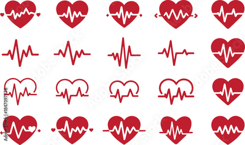 PrintRed heartbeat line collection with heart symbol, cardiology, medical pulse, ECG, EKG design, healthcare clipart vector illustration, health monitoring, digital heartbeat graphics