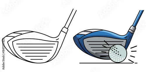 Golf Club and Ball Graphic illustration of a golf club making contact with a golf ball, emphasizing precision and the dynamics of the swing.