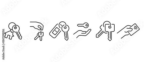Various key icons. Key icons. House keys, vehicle keys, electric keys, and classic keys. Vector key illustrations with transparent backgrounds. Editable strokes.