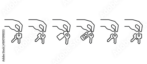 Hand holding key icon set. Various key icons. Vector key illustration in transparent background. Editable stroke.