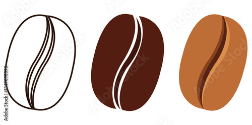 Coffee Bean Illustration Sequence A visual exploration of the coffee bean, depicted in stages from outline to full color, capturing its unique shape and the evolution of its design.