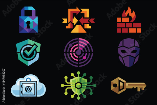 Vibrant cybersecurity icons for digital protection solutions