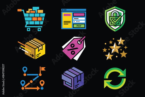 E-commerce icons for business, delivery, and secure payment