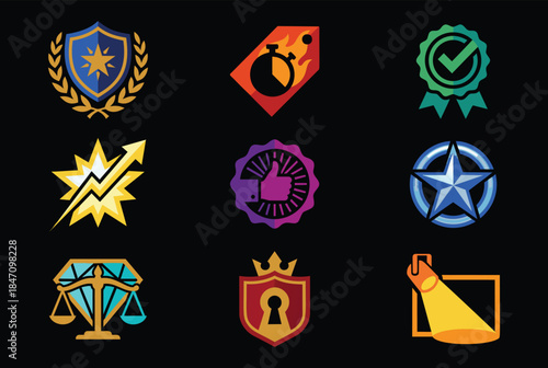 Collection of nine modern colorful vector icons for business success