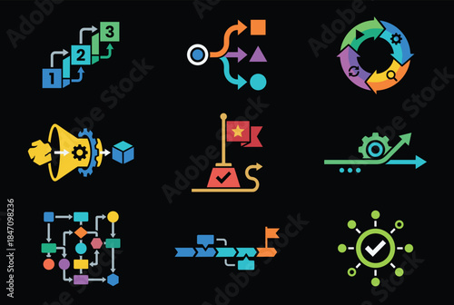 Vibrant business process icons for workflow optimization