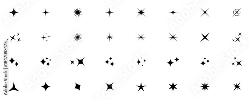 Sparkle star icon set. Minimal sparkle vector pack with Twinkle shine stars, radiant bursts and simple highlight shapes for modern graphics, UI elements, decoration and contemporary design