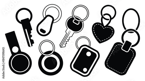 Keychain Silhouette Icon Set with Keys, Keyrings, Tags, and Lock Accessories Vector Collection Isolated on White