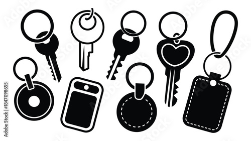 Keychain Silhouette Icon Set with Keys, Keyrings, Tags, and Lock Accessories Vector Collection Isolated on White