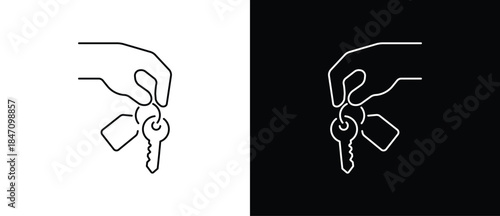 Hand holding key and keychain icon. Key icon. Key vector illustration in transparent and black background. Editable stroke.