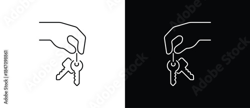 Hand holding a key icon with two shapes. Key icon. Key vector illustration in transparent and black background. Editable stroke.