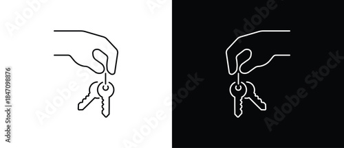 Simple hand holding key icon. Key icon. Key vector illustration in transparent and black background. Editable stroke.