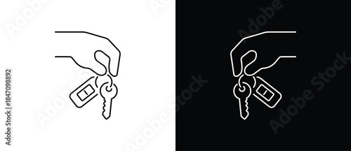 Hand holding car key icon. Key icon. Key vector illustration in transparent and black background. Editable stroke.