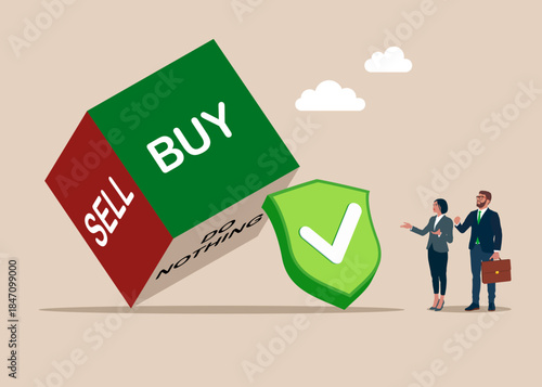 Rolling dice with the word buy, sell and do nothing with green shield check mark. Good investment decision. Flat vector illustration