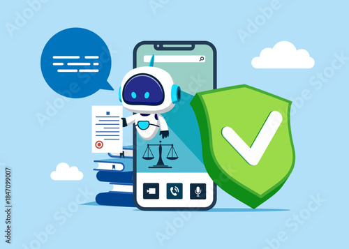 Big smartphone  with green shield with check mark, justice and law application for consulting. Trust, good reputation artificial intelligence technology. Online legal advice. Flat vector illustration