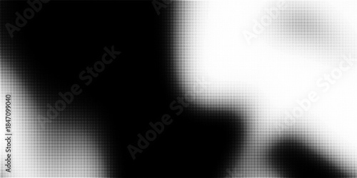 Grunge halftone gradient background. Faded grit noise texture. White and black sand wallpaper. Retro pixelated backdrop. Anime or manga style comic overlay. Vector graphic design textured template