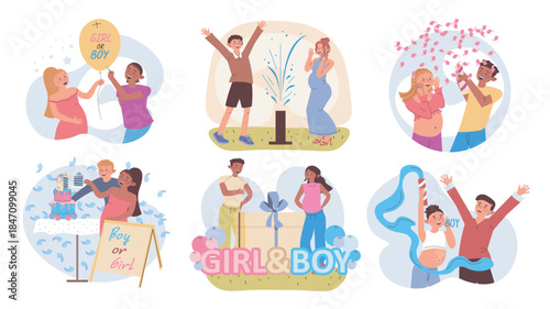 Baby gender reveal celebration concept set for web design. Collection with cartoon people expecting girl or boy birth. Pregnancy mother with young father at newborn shower party. Vector illustration.