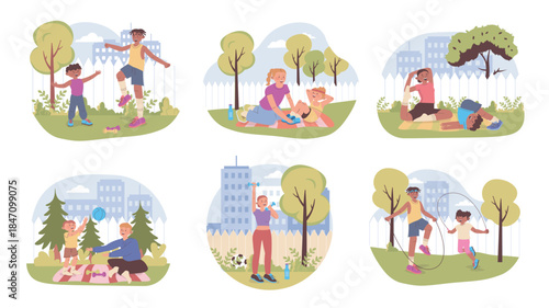 Backyard fitness fun concept set for web design. Collection with cartoon people training together outdoors, exercising with dumbbells, jumping rope, doing yoga, playing ball. Vector illustration.