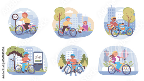City bike commuting concept set for web design. Collection with cartoon people cycling at electric bicycle, boys and girls in helmets biking at city roads, using infrastructure. Vector illustration.