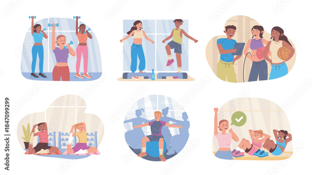 Naklejka premium Group workout class concept set for web design. Collection with cartoon people doing training with dumbbells or fit ball in gym with instructor, practicing pilates or aerobic. Vector illustration.