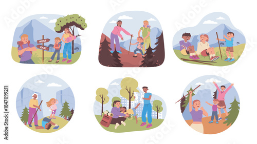 Family hiking adventure concept set for web design. Collection with cartoon people with backpacks go in mountains or forest walking. Father, mother and kids trekking and camping. Vector illustration.