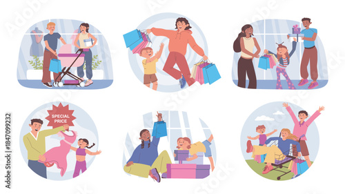 Family shopping day concept set for web design. Collection with cartoon people with kids or baby in stroller hold lot of bags, doing purchases, buying together in store and shop. Vector illustration.