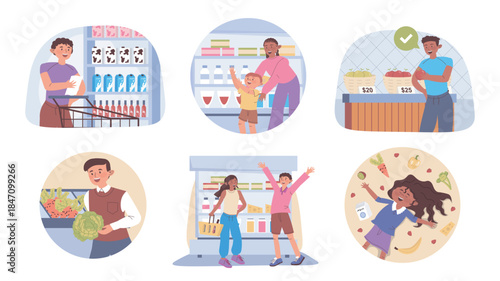Grocery shopping concept set for web design. Collection with cartoon people doing purchases at supermarket, choosing food products at shelves of different store departments. Vector illustration.