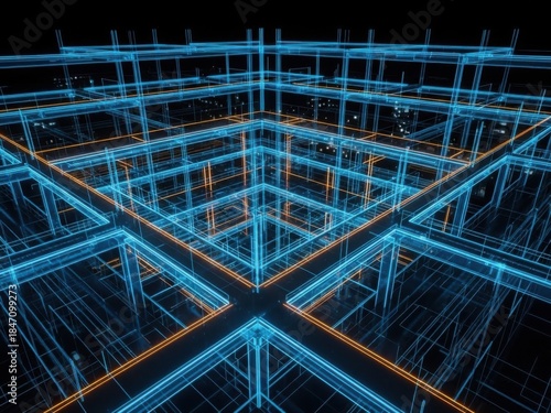 Wallpaper Mural Blue and orange 3d rendering of a complex grid structure with geometric shapes and lines on a black background Torontodigital.ca