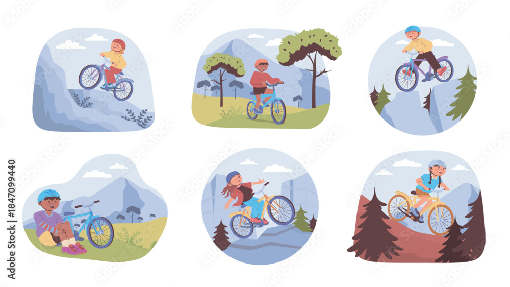 Fototapeta premium Mountain biking concept set for web design. Collection with cartoon people in helmets cycling at hard trail in outdoors, bicyclists moving and extremely challenging at downhill. Vector illustration.