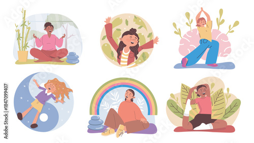 Meditation and mindfulness concept set for web design. Collection with cartoon people sitting in lotus posture, practising yoga asanas, breathing, enjoying balance and happiness. Vector illustration.