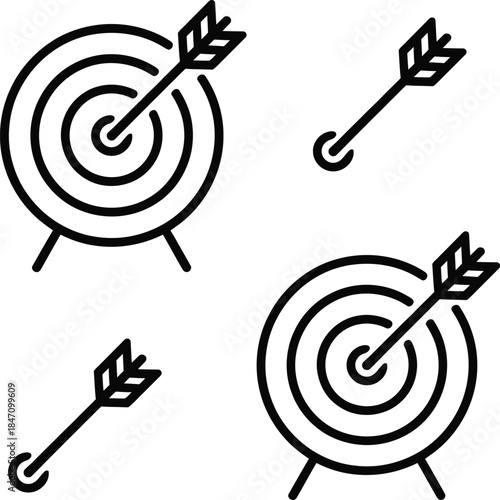 target with arrow line icon set representing goal achievement accuracy success strategy focus and business objective concept in minimal outline style