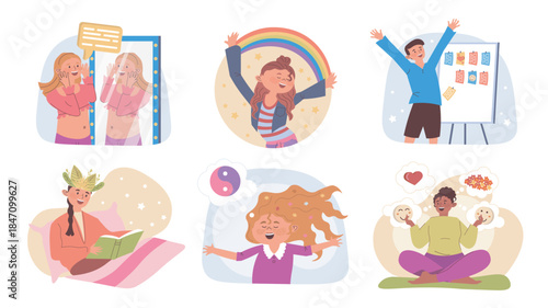 Positive affirmations concept set for web design. Collection with cartoon people talking inspiration and motivation to itself in mirror, making wish boards, healing and self love. Vector illustration.