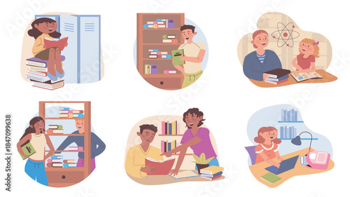 School library time concept set for web design. Collection with cartoon people reading books in class. Pupils and students learning with textbooks, taking folios from shelves. Vector illustration.