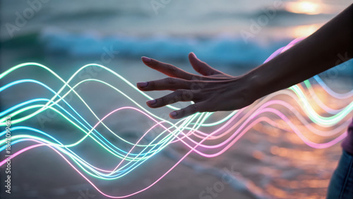 Holistic wellbeing concept art. hand reaches towards dynamic abstract waves of light, creating sense of connection and energy